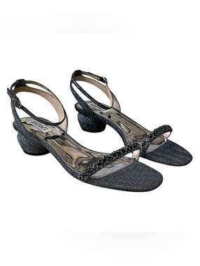 NWOB BADGLEY MISCHKA Black & Silver Fabric Rhinestone Sandals w/ Spherical Heel